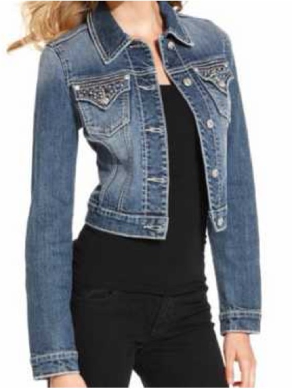 Miss Me cropped denim jacket rhinestone and silver stud embellishments Sz Small